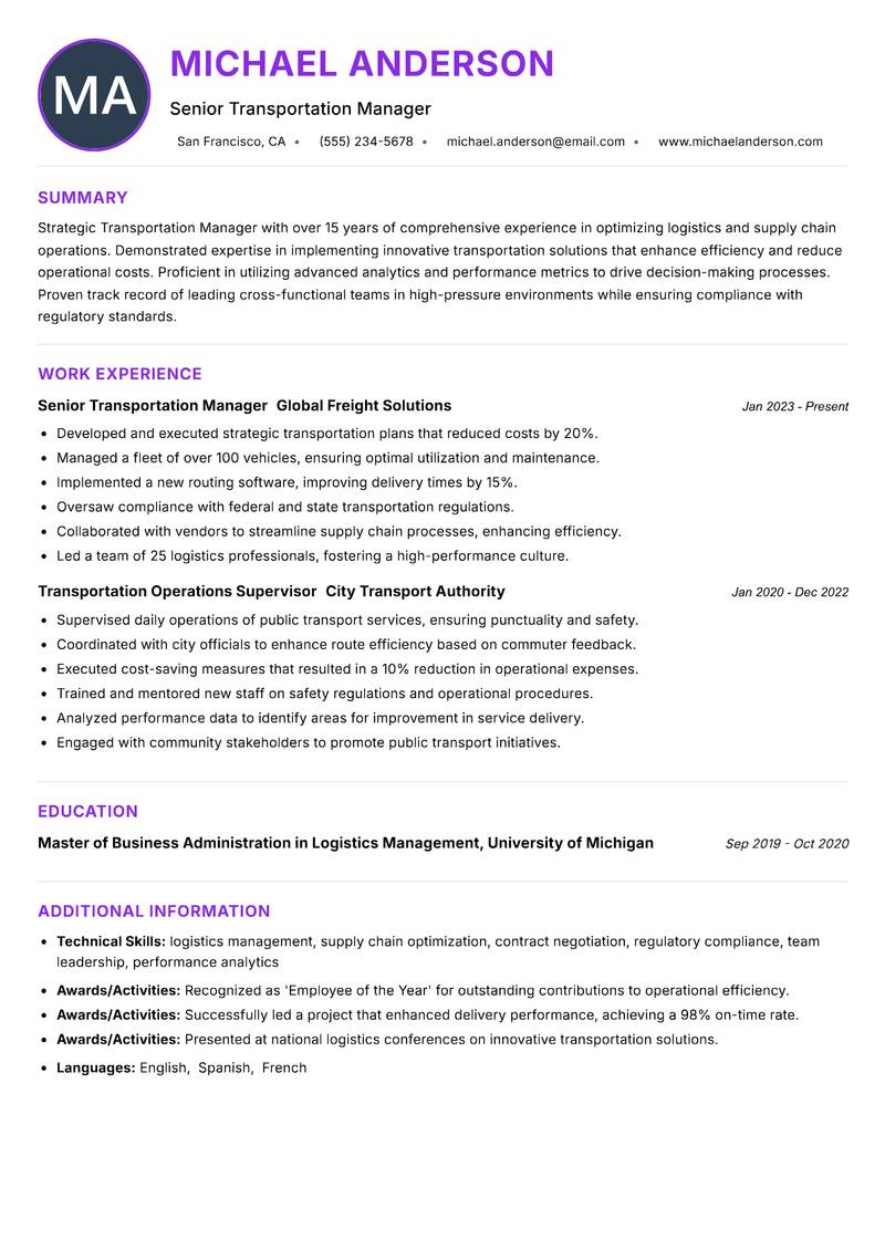 Transportation Manager resume example