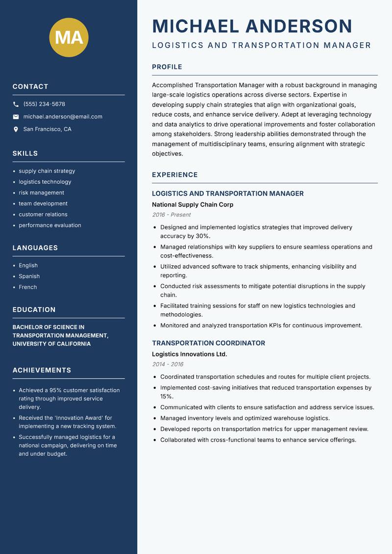 Transportation Manager resume sample — Logistics and Transportation Manager focus