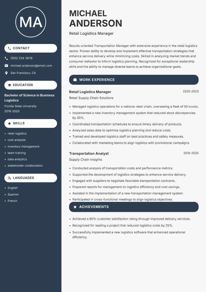 Transportation Manager resume sample — Retail Logistics Manager focus