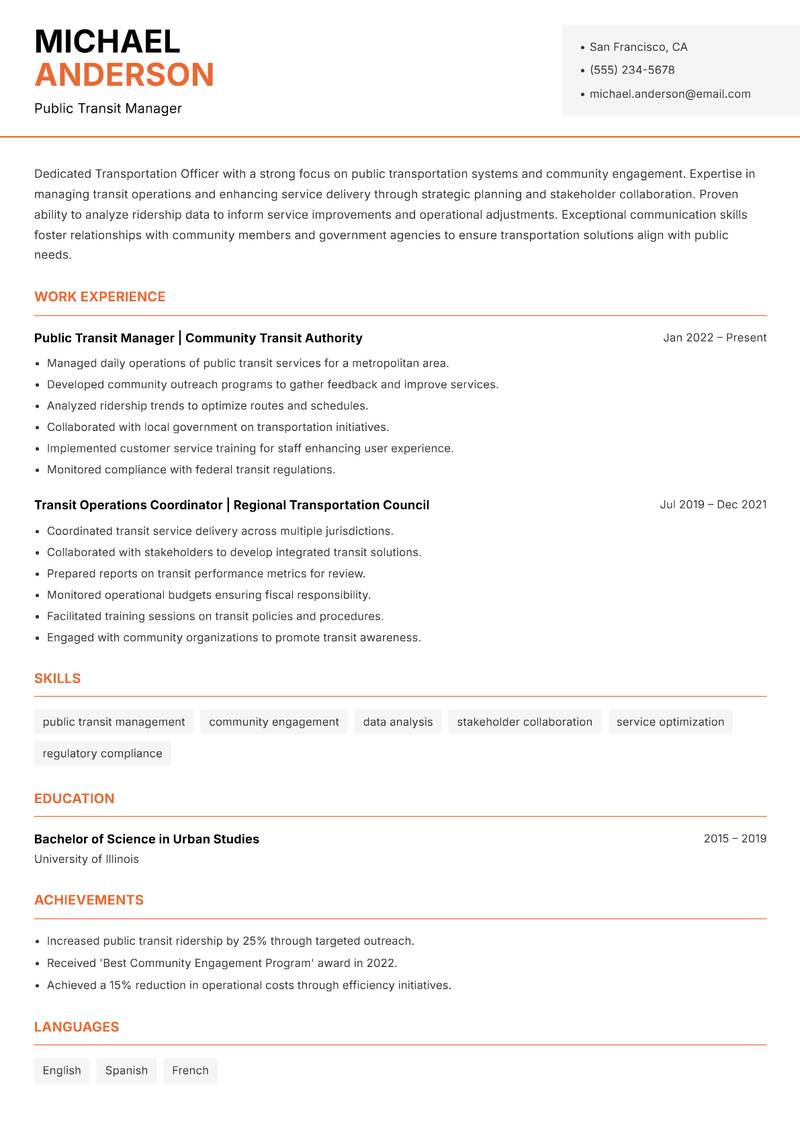 Transportation Officer resume sample — Public Transit Manager focus