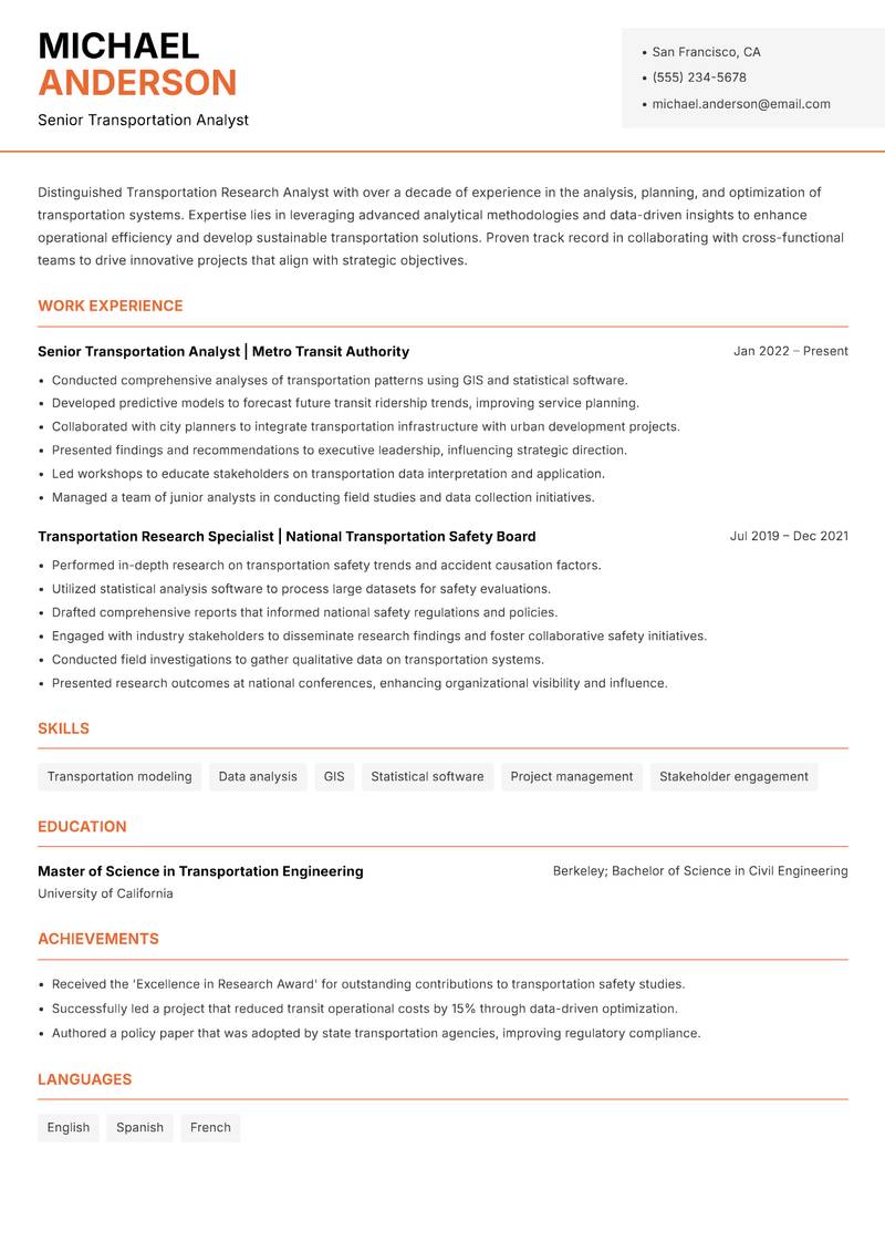 Transportation Research Analyst resume sample — Senior Transportation Analyst focus