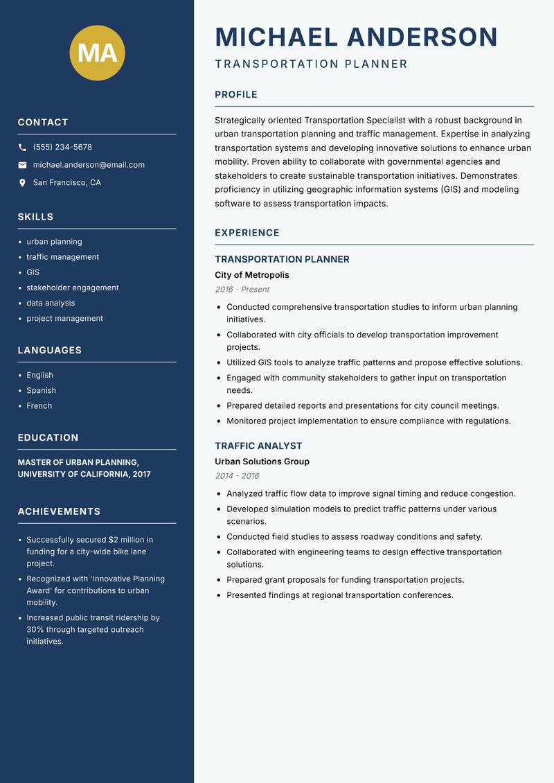 Transportation Specialist resume sample — Transportation Planner focus