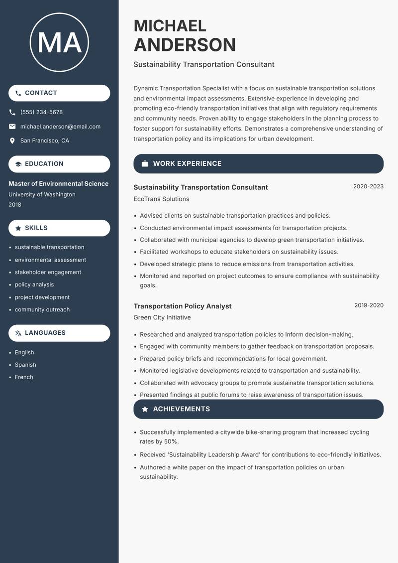 Transportation Specialist resume sample — Sustainability Transportation Consultant focus