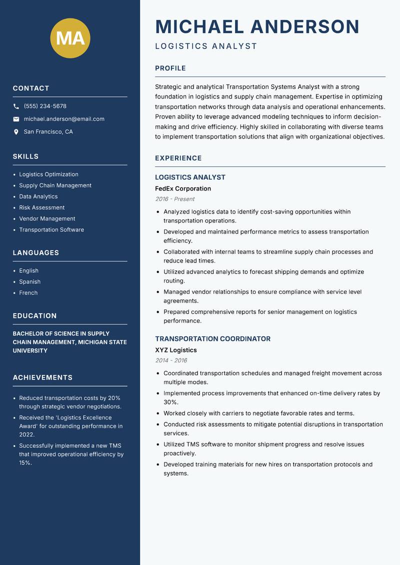 Transportation Systems Analyst resume sample — Logistics Analyst focus