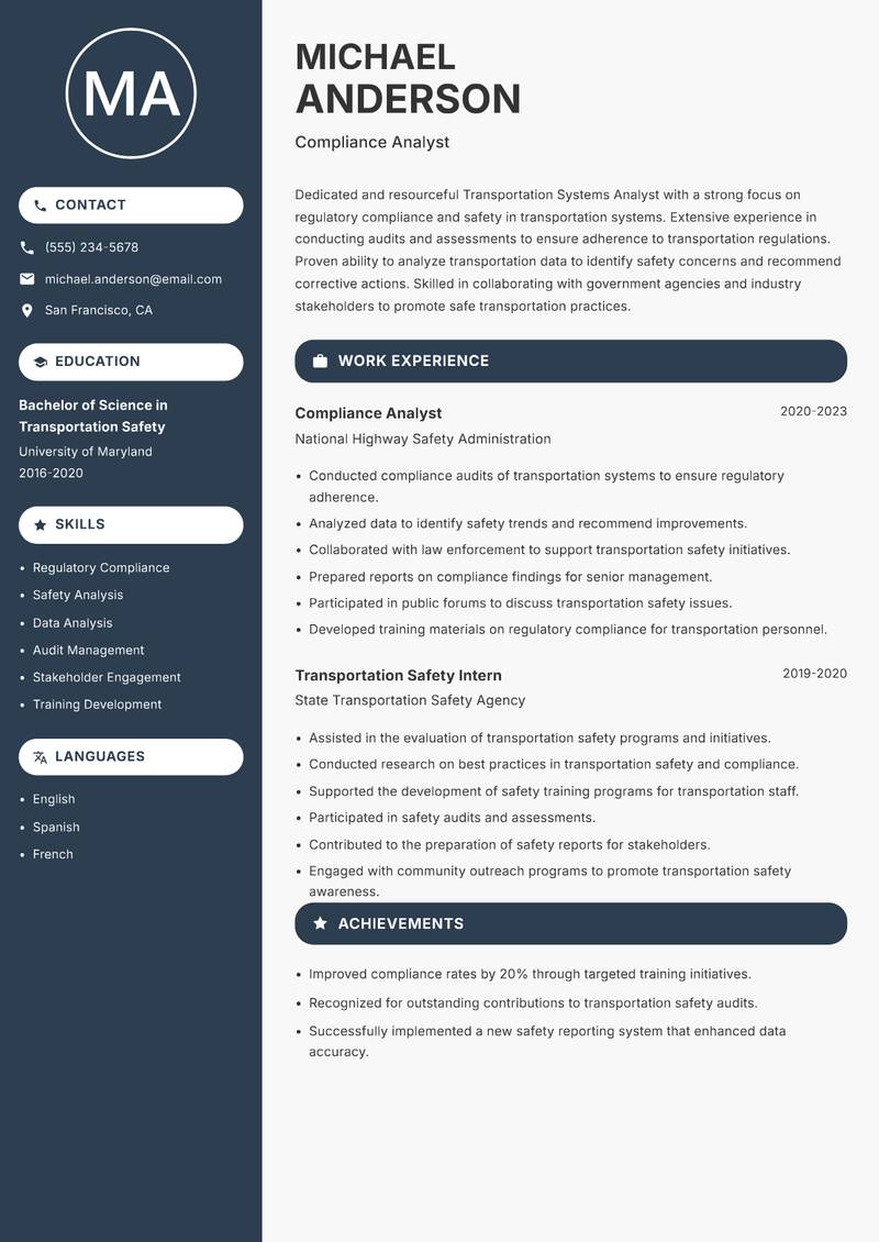 Transportation Systems Analyst resume sample — Compliance Analyst focus