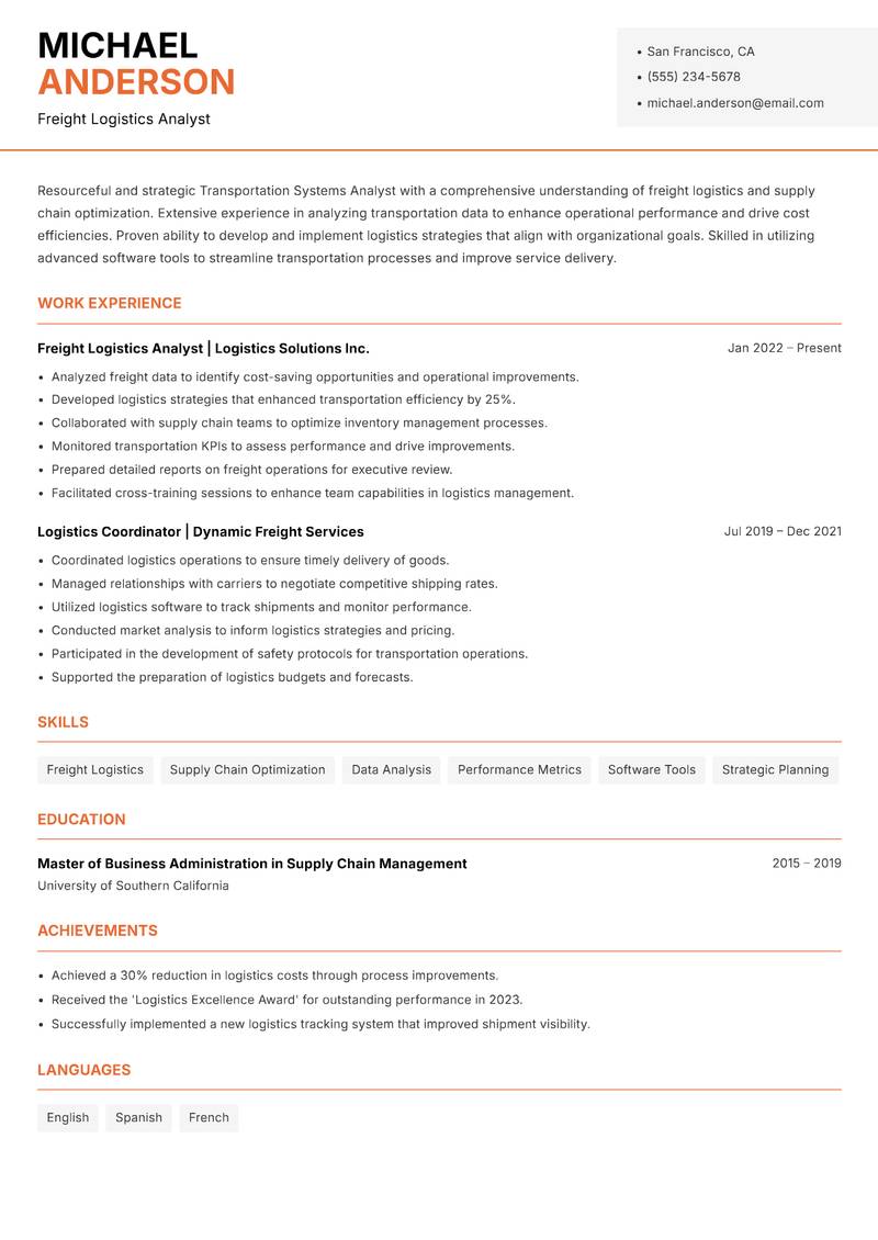 Transportation Systems Analyst resume sample — Freight Logistics Analyst focus