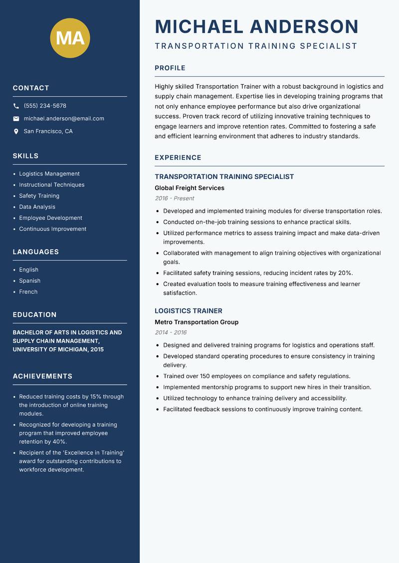 Transportation Trainer resume sample — Transportation Training Specialist focus
