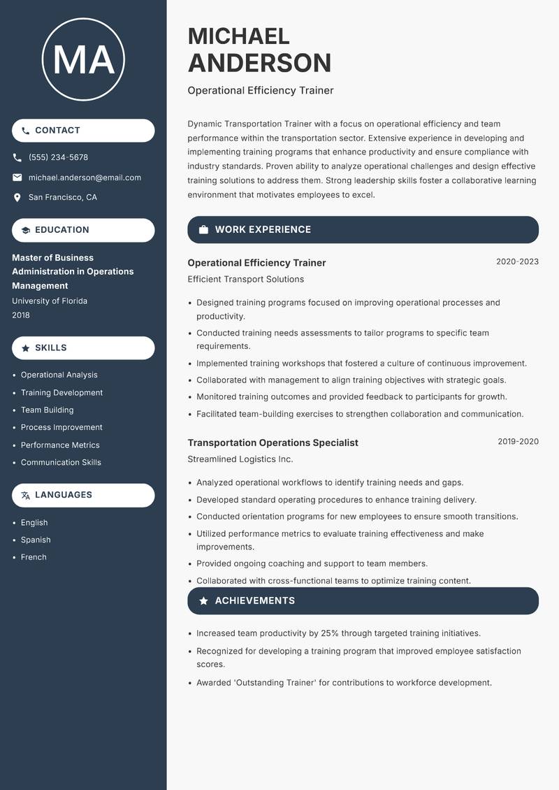 Transportation Trainer resume sample — Operational Efficiency Trainer focus