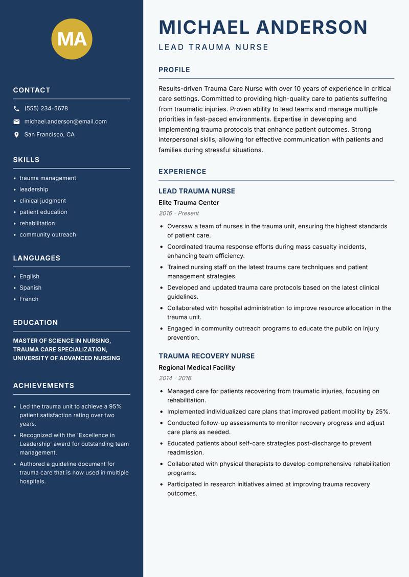 Trauma Care Nurse resume sample — Lead Trauma Nurse focus