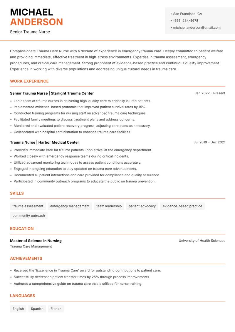 Trauma Care Nurse resume sample — Senior Trauma Nurse focus
