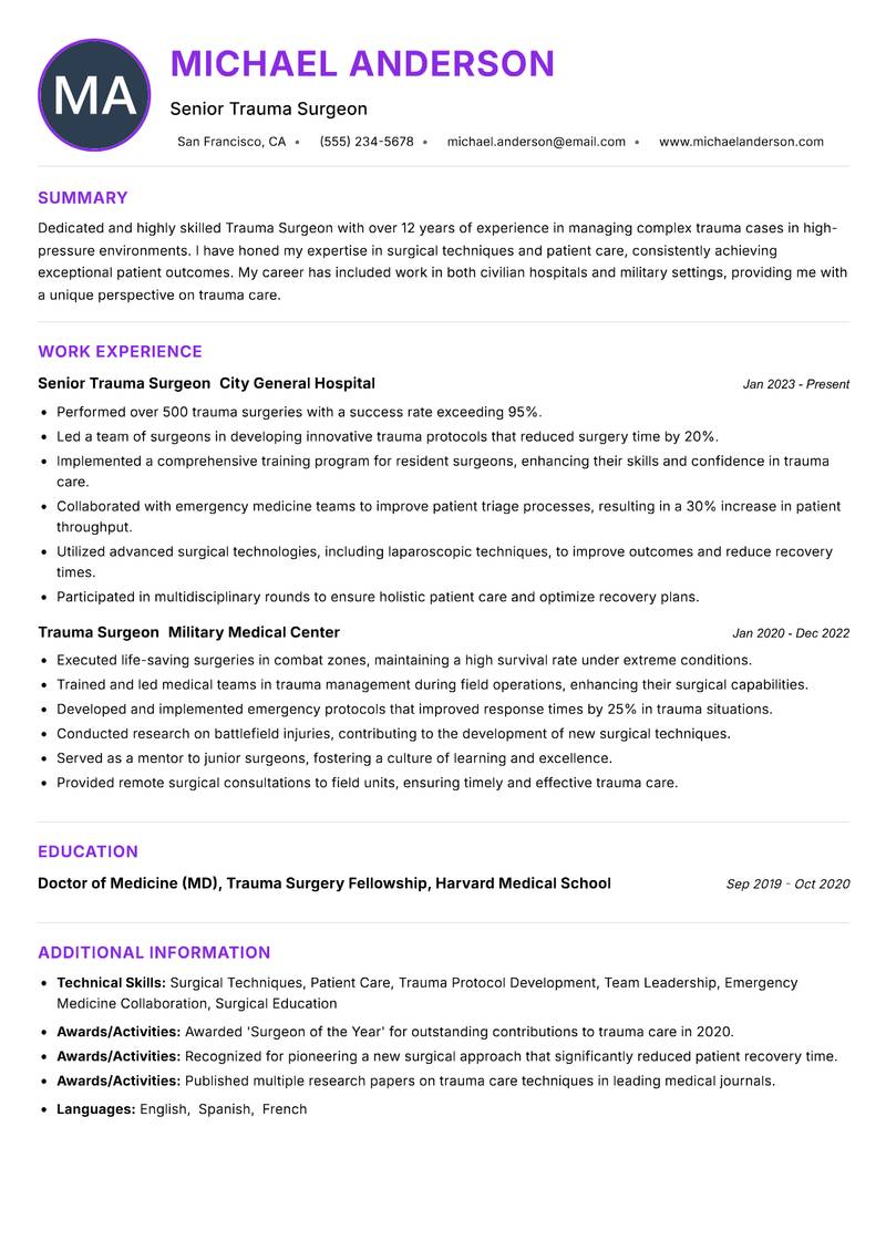Trauma Surgeon resume example