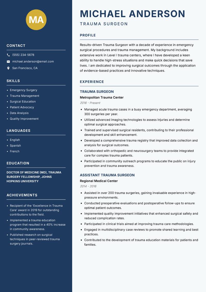 Trauma Surgeon resume sample — Trauma Surgeon focus