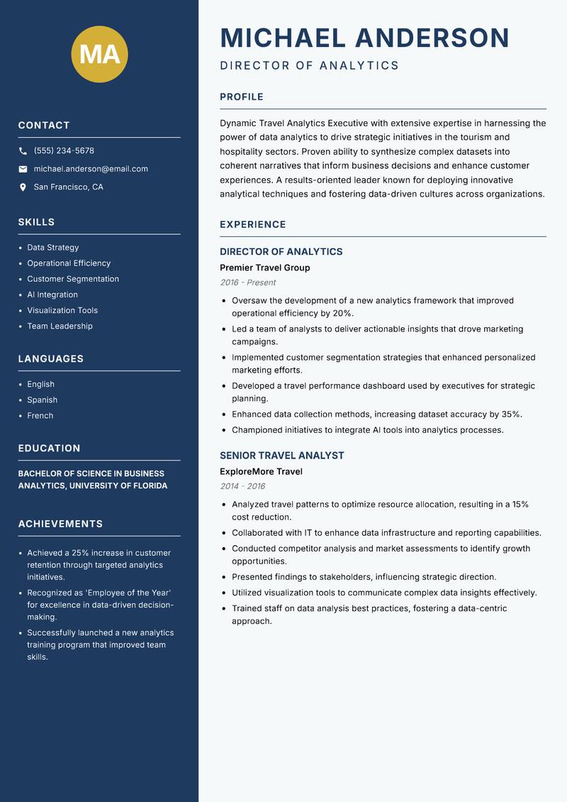 Travel Analytics Executive resume sample — Director of Analytics focus