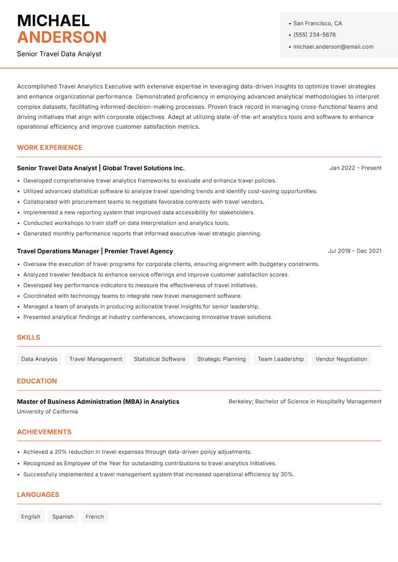 Travel Analytics Executive resume sample — Senior Travel Data Analyst focus