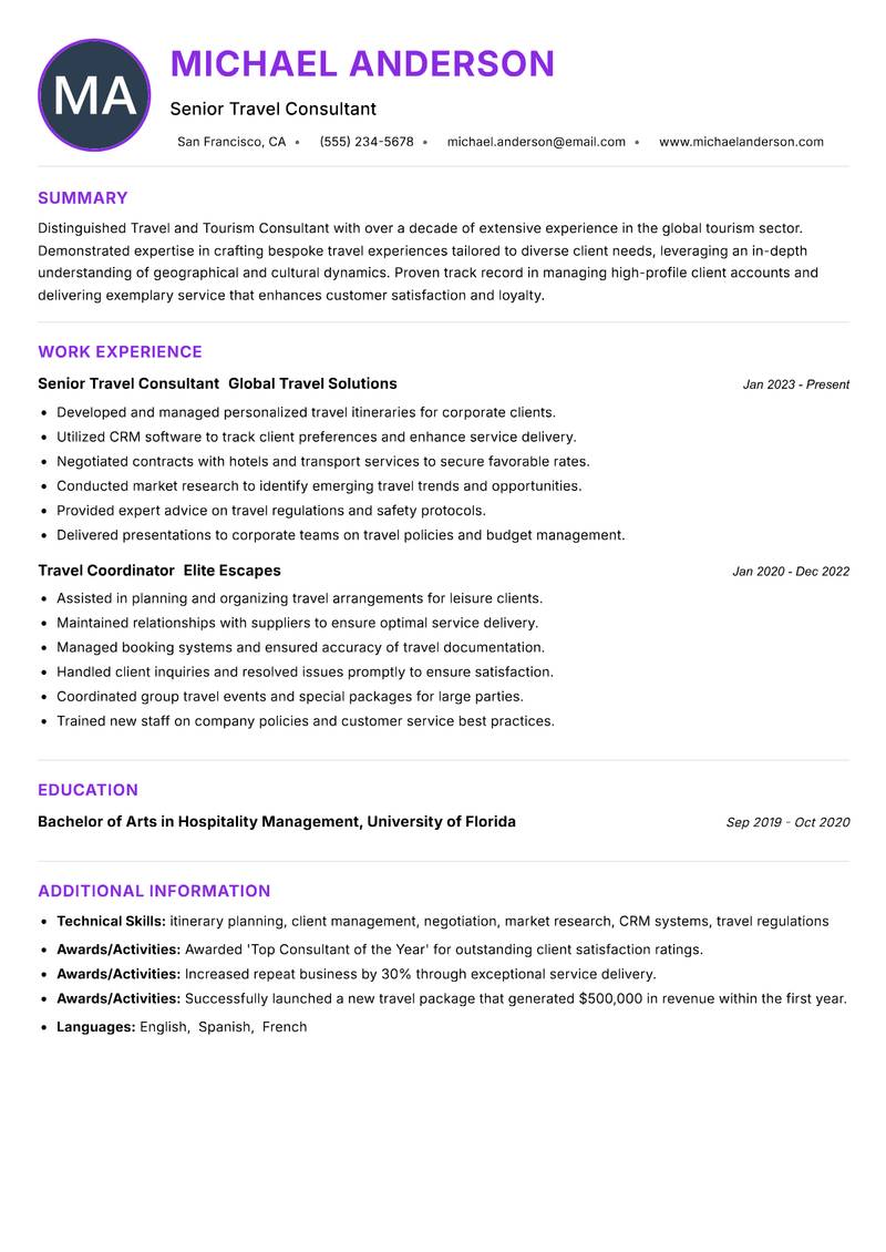Travel and Tourism Consultant resume example