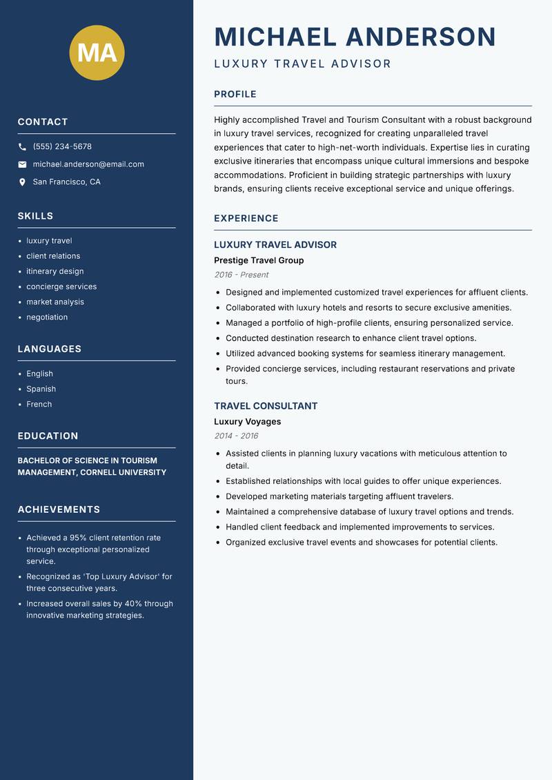 Travel and Tourism Consultant resume sample — Luxury Travel Advisor focus