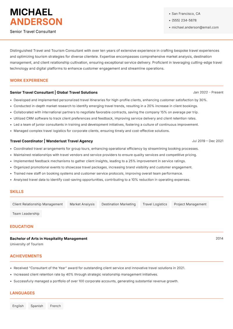 Travel and Tourism Consultant resume sample — Senior Travel Consultant focus