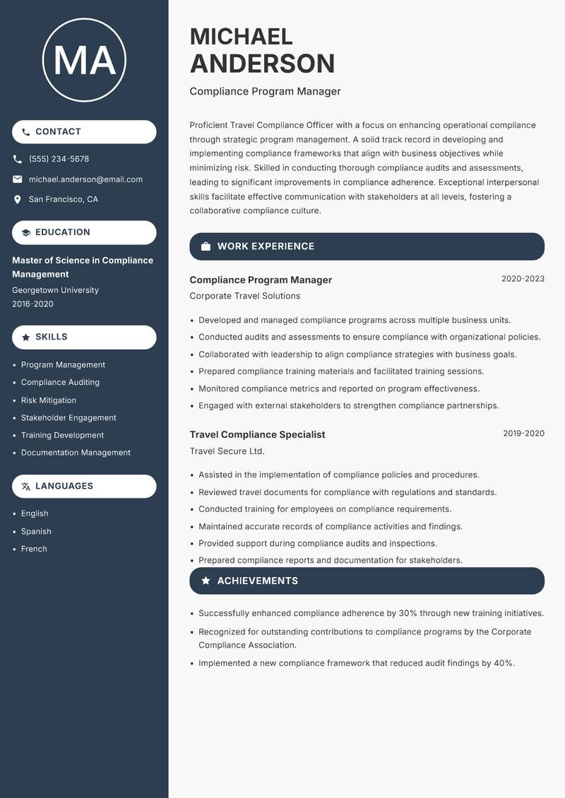 Travel Compliance Officer resume sample — Compliance Program Manager focus