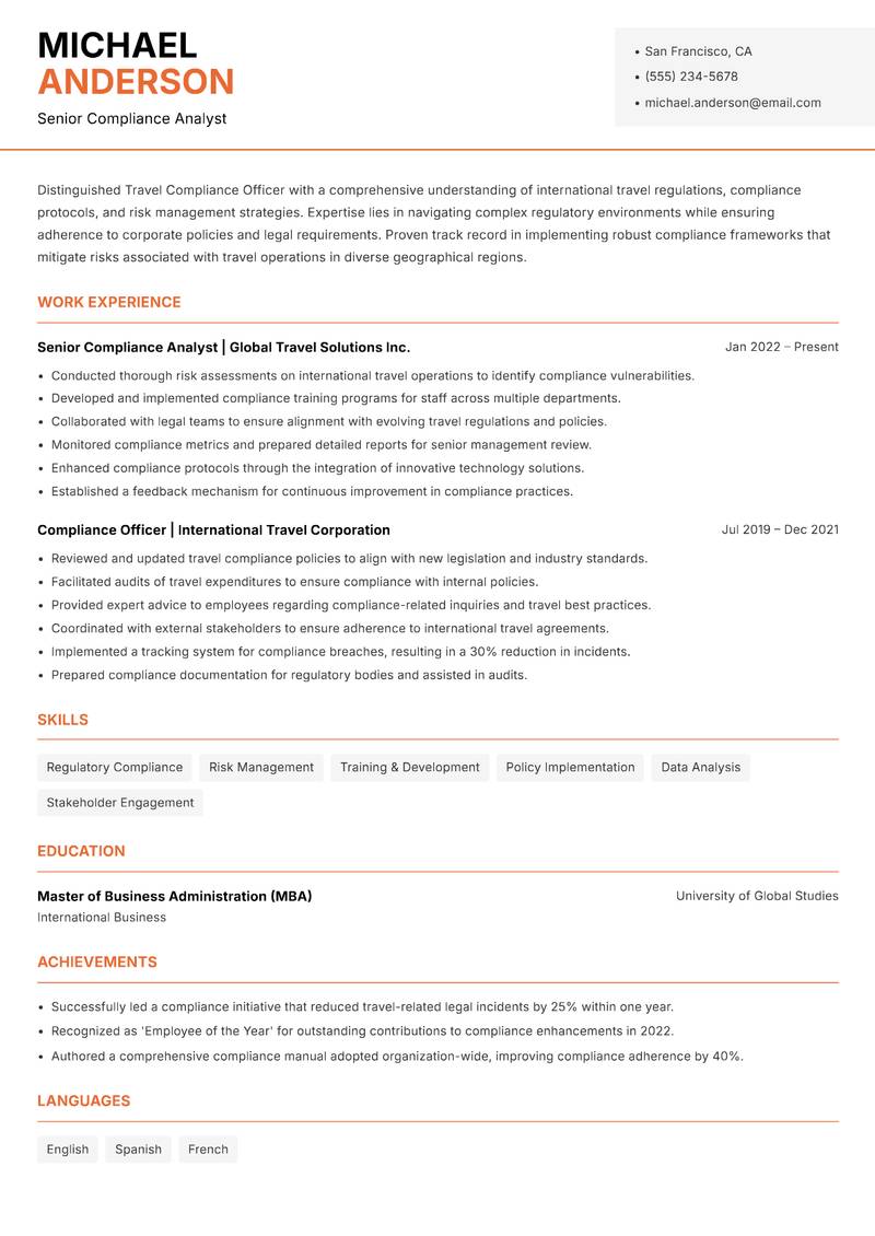 Travel Compliance Officer resume sample — Senior Compliance Analyst focus