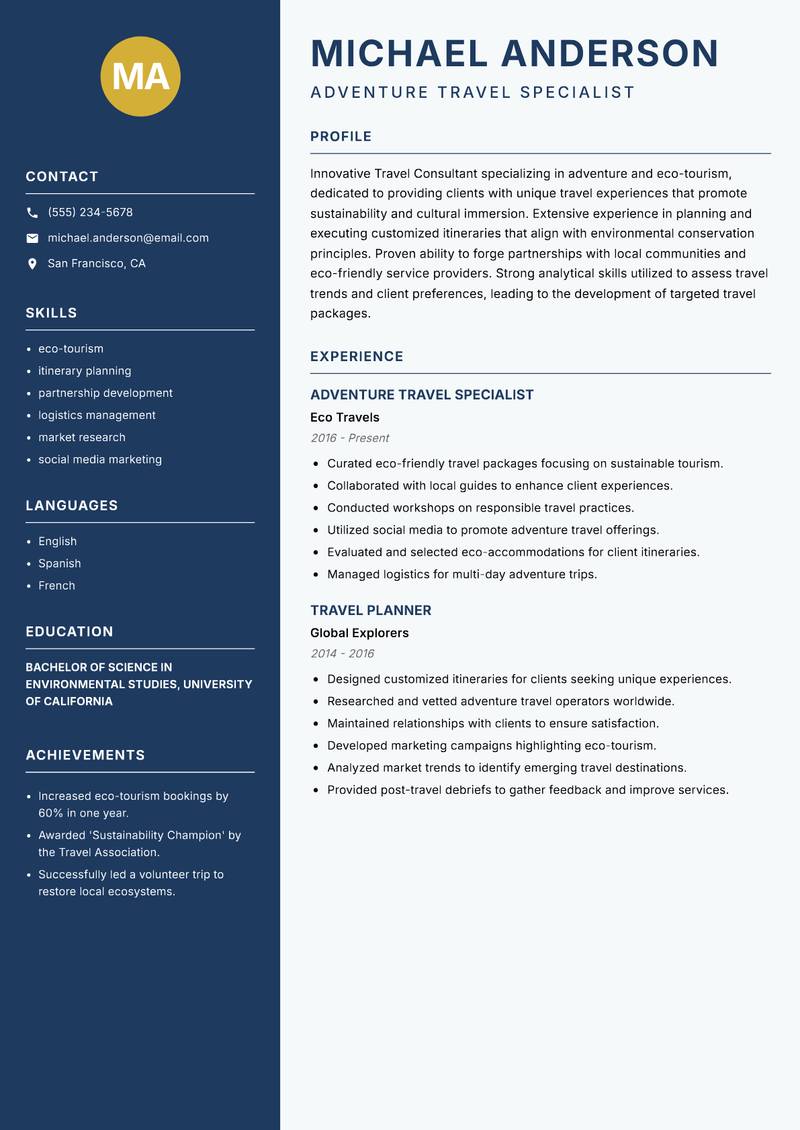 Travel Consultant resume sample — Adventure Travel Specialist focus