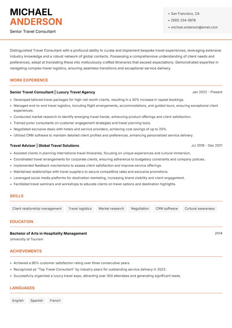 Travel Consultant resume sample — Senior Travel Consultant focus