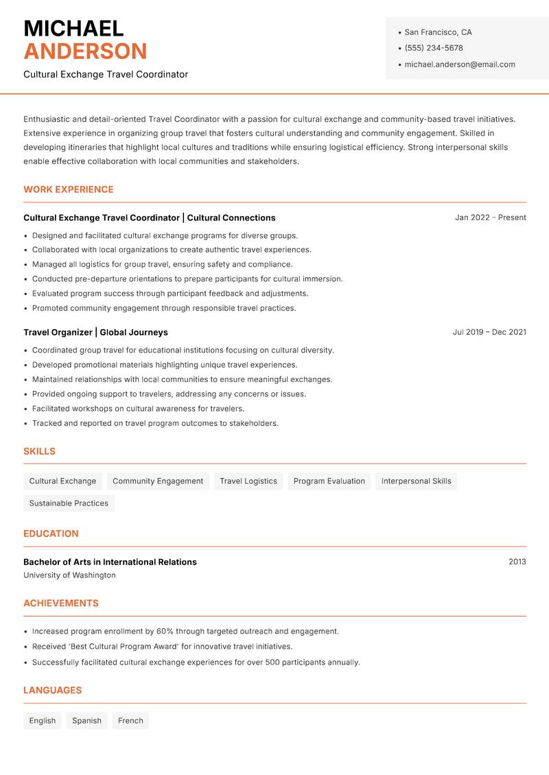 Travel Coordinator resume sample — Cultural Exchange Travel Coordinator focus