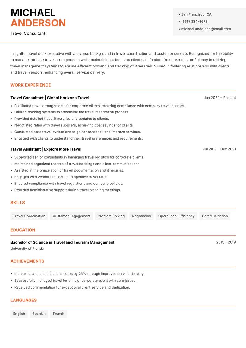 Travel Desk Executive resume sample — Travel Consultant focus