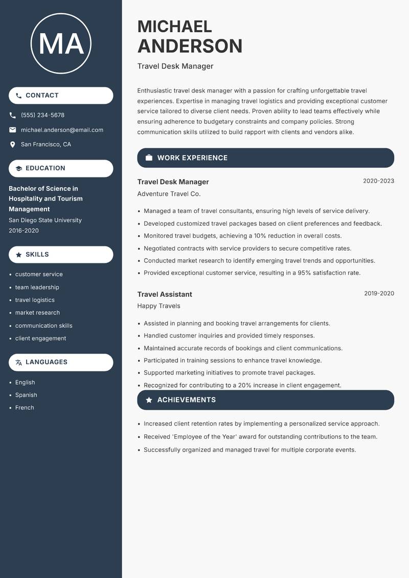 Travel Desk Manager resume sample — Travel Desk Manager focus