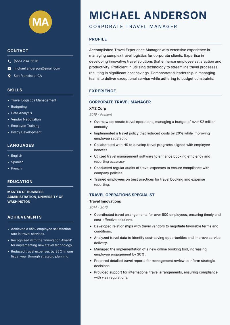 Travel Experience Manager resume sample — Corporate Travel Manager focus