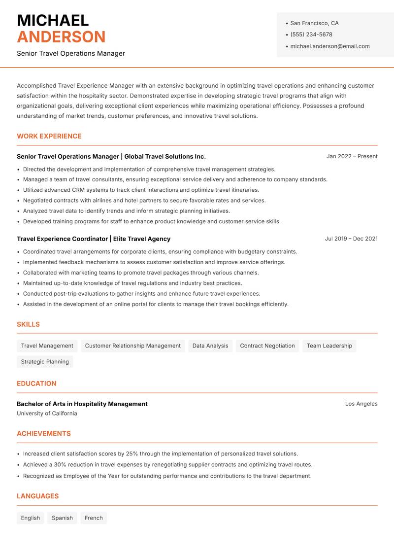 Travel Experience Manager resume sample — Senior Travel Operations Manager focus
