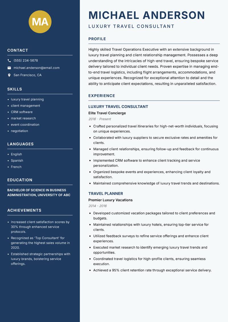 Travel Operations Executive resume sample — Luxury Travel Consultant focus
