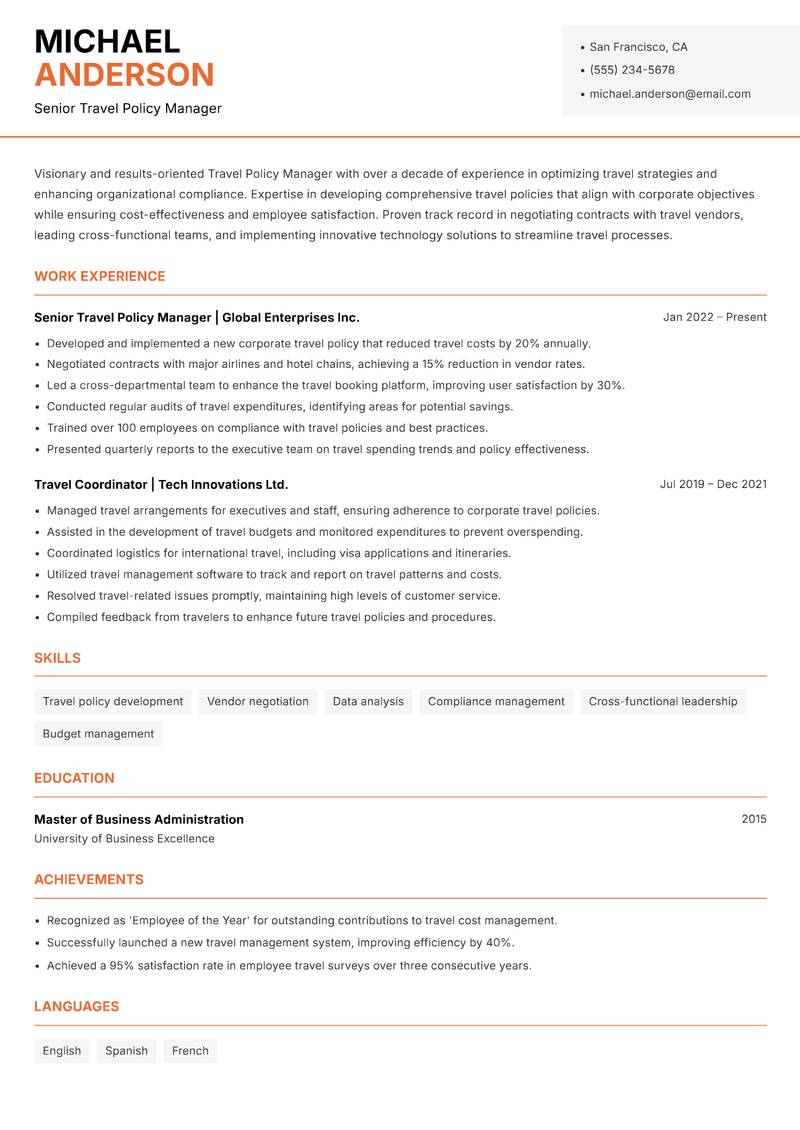 Travel Policy Manager resume sample — Senior Travel Policy Manager focus