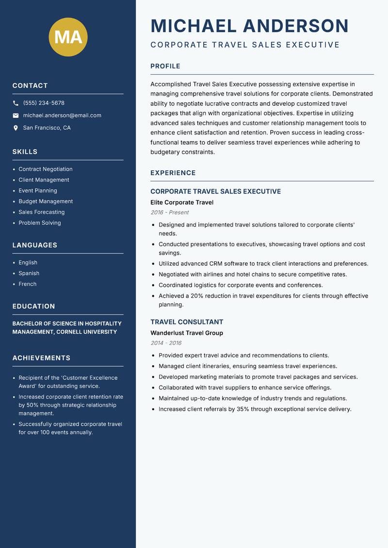 Travel Sales Executive resume sample — Corporate Travel Sales Executive focus