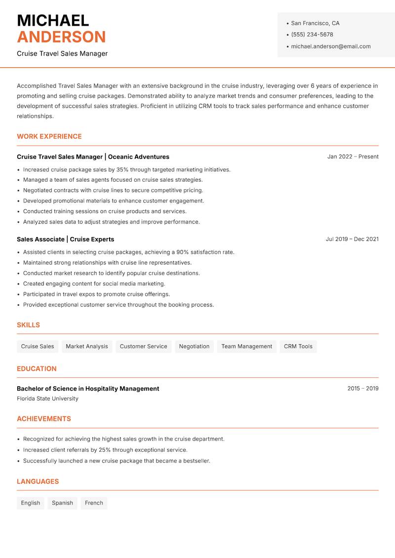Travel Sales Manager resume sample — Cruise Travel Sales Manager focus