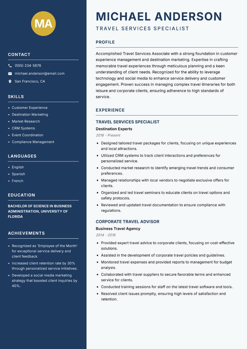 Travel Services Associate resume sample — Travel Services Specialist focus