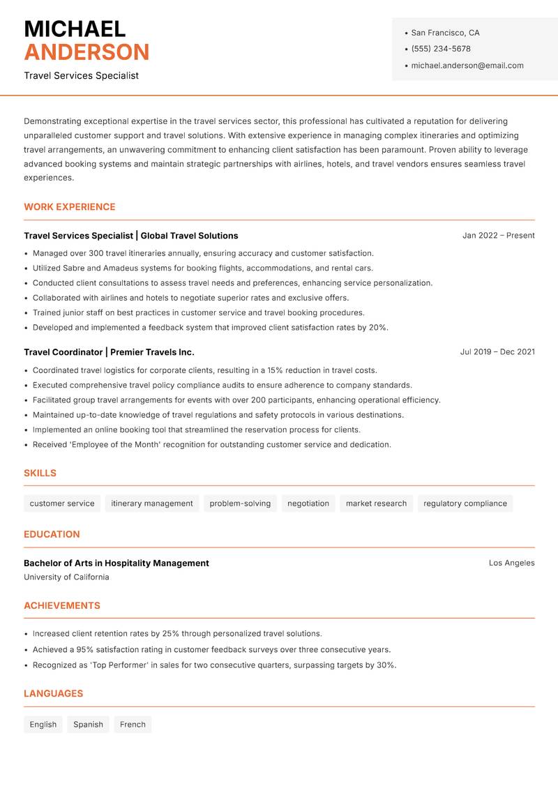Travel Services Associate resume sample — Travel Services Specialist focus