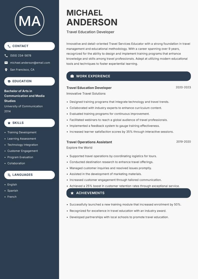 Travel Services Educator resume sample — Travel Education Developer focus