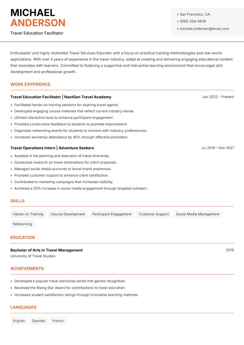 Travel Services Educator resume sample — Travel Education Facilitator focus