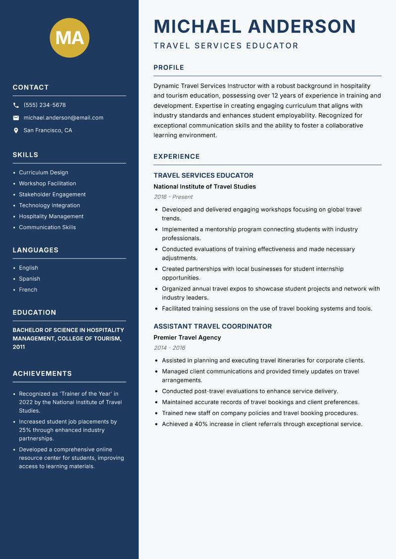 Travel Services Instructor resume sample — Travel Services Educator focus