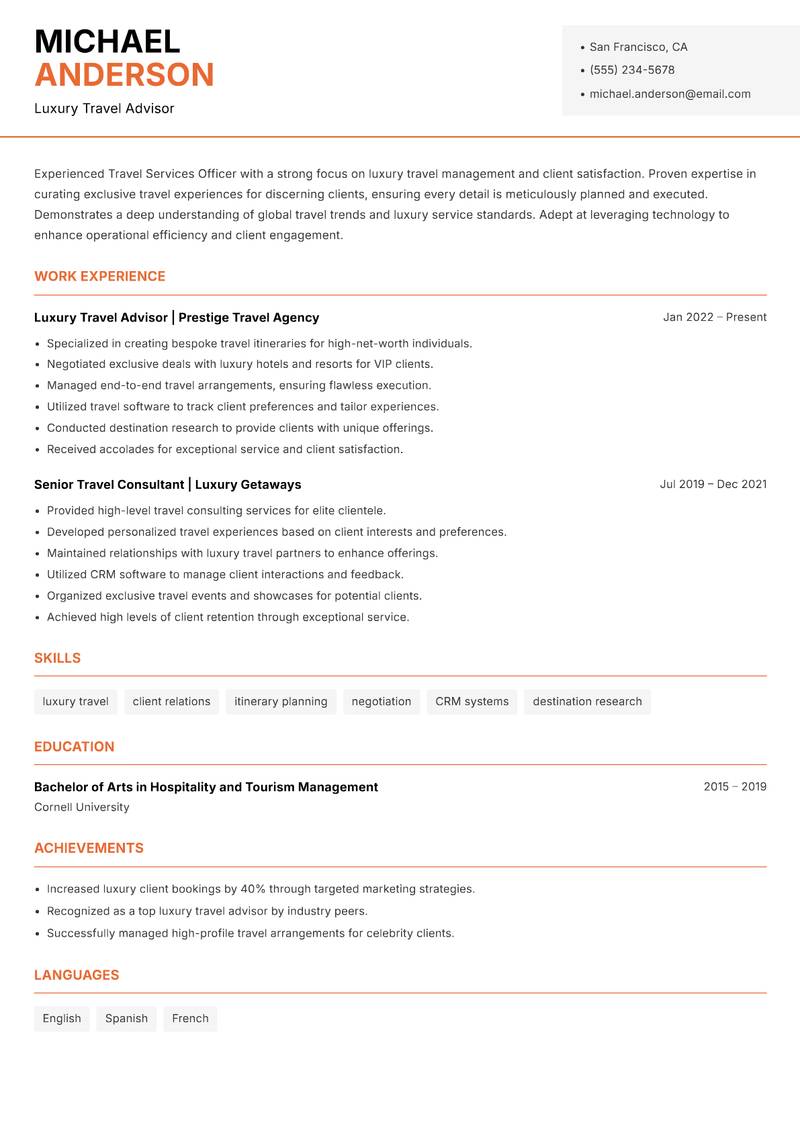 Travel Services Officer resume sample — Luxury Travel Advisor focus