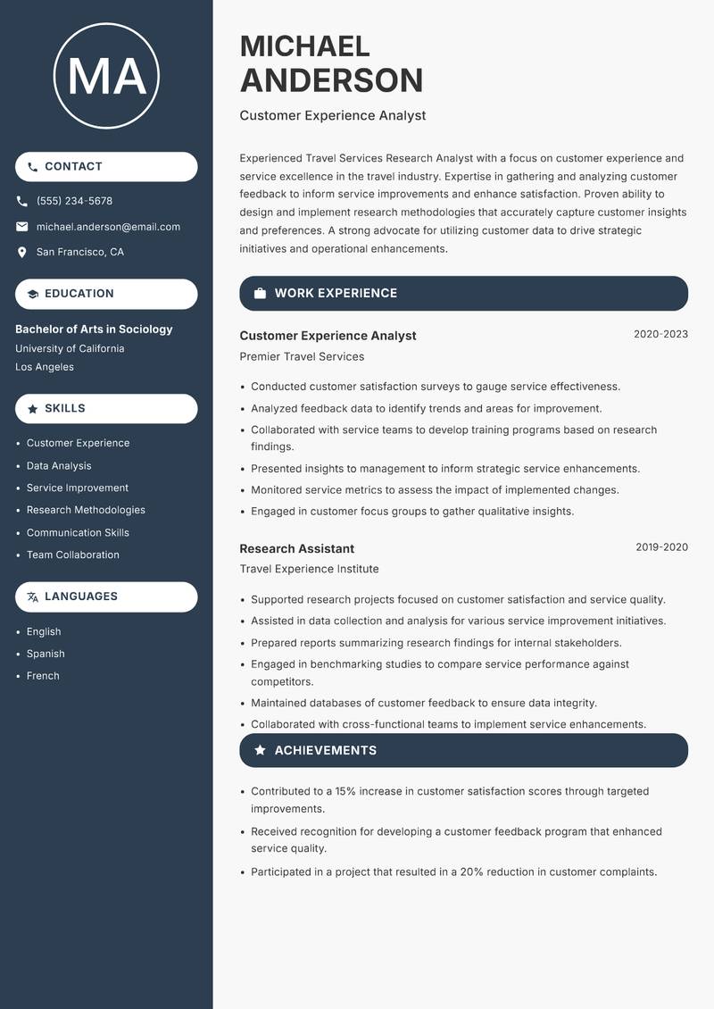 Travel Services Research Analyst resume sample — Customer Experience Analyst focus