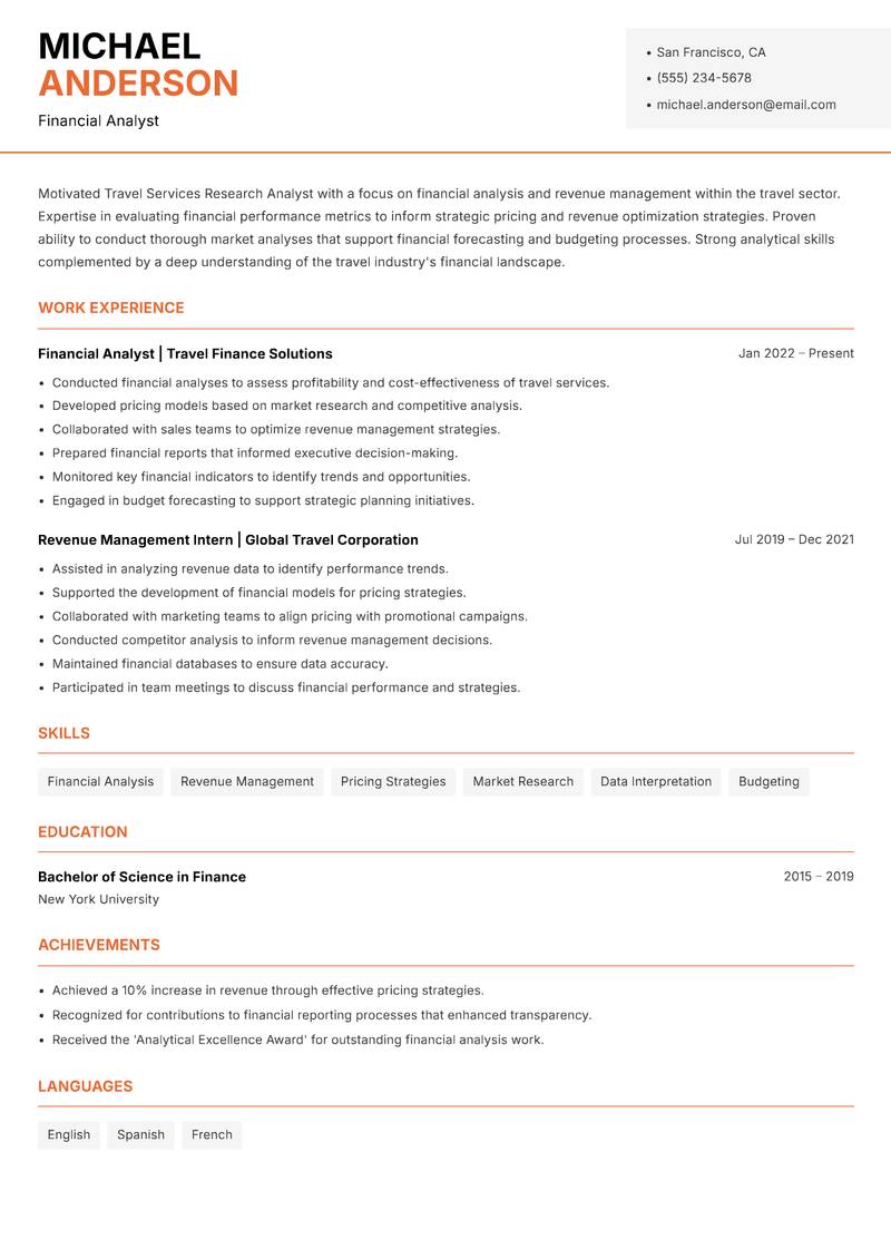 Travel Services Research Analyst resume sample — Financial Analyst focus