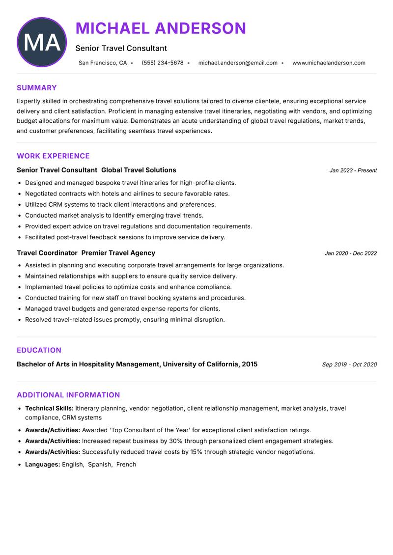 Travel Services Specialist resume example