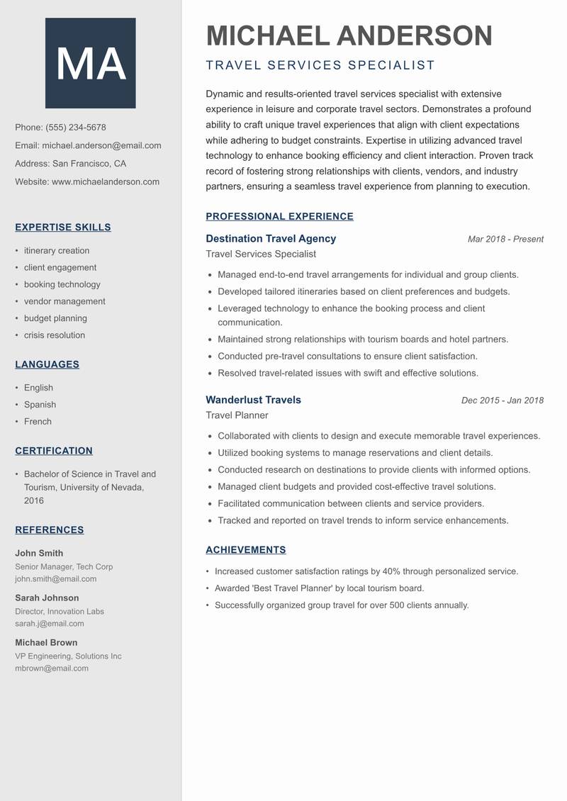 Travel Services Specialist resume sample — Travel Services Specialist focus