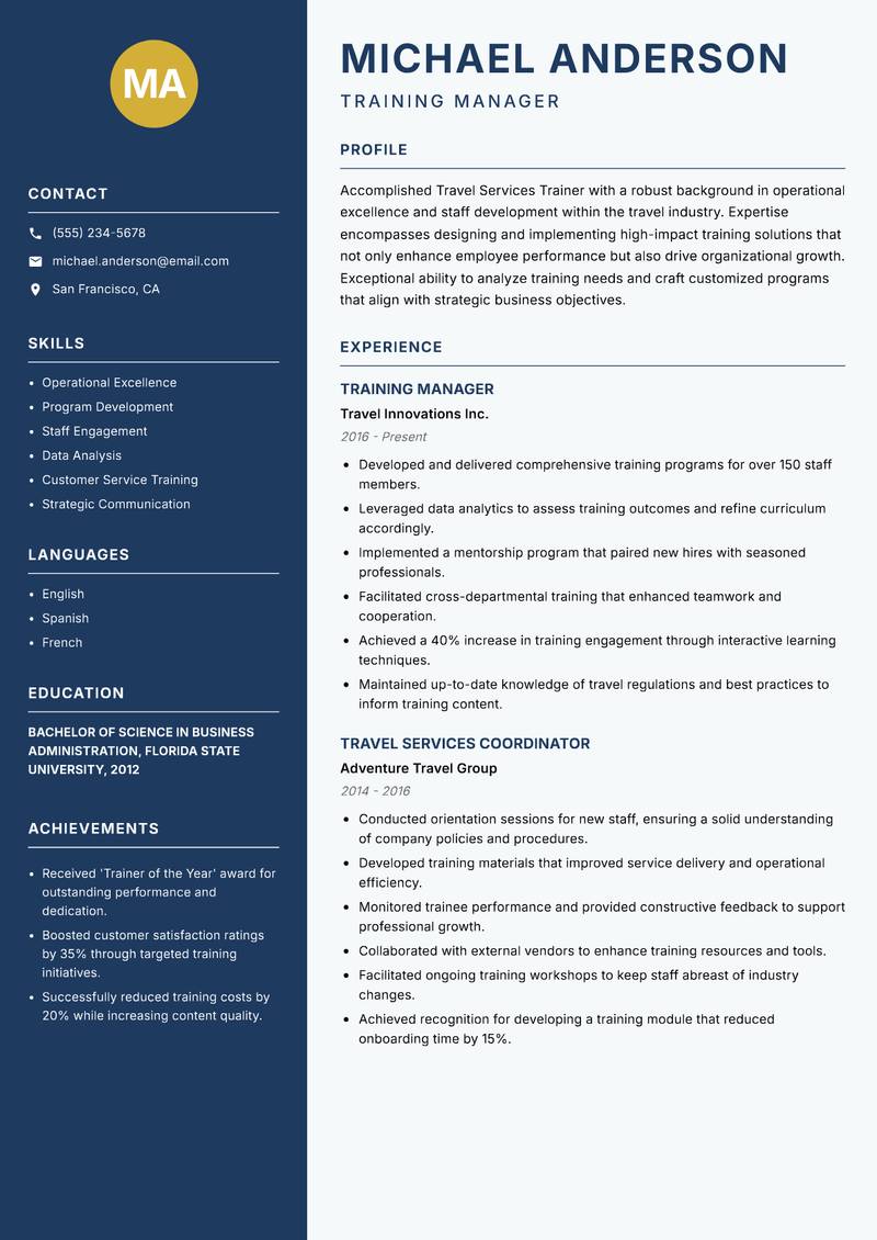 Travel Services Trainer resume sample — Training Manager focus