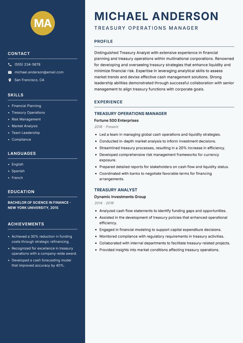 Treasury Analyst resume sample — Treasury Operations Manager focus