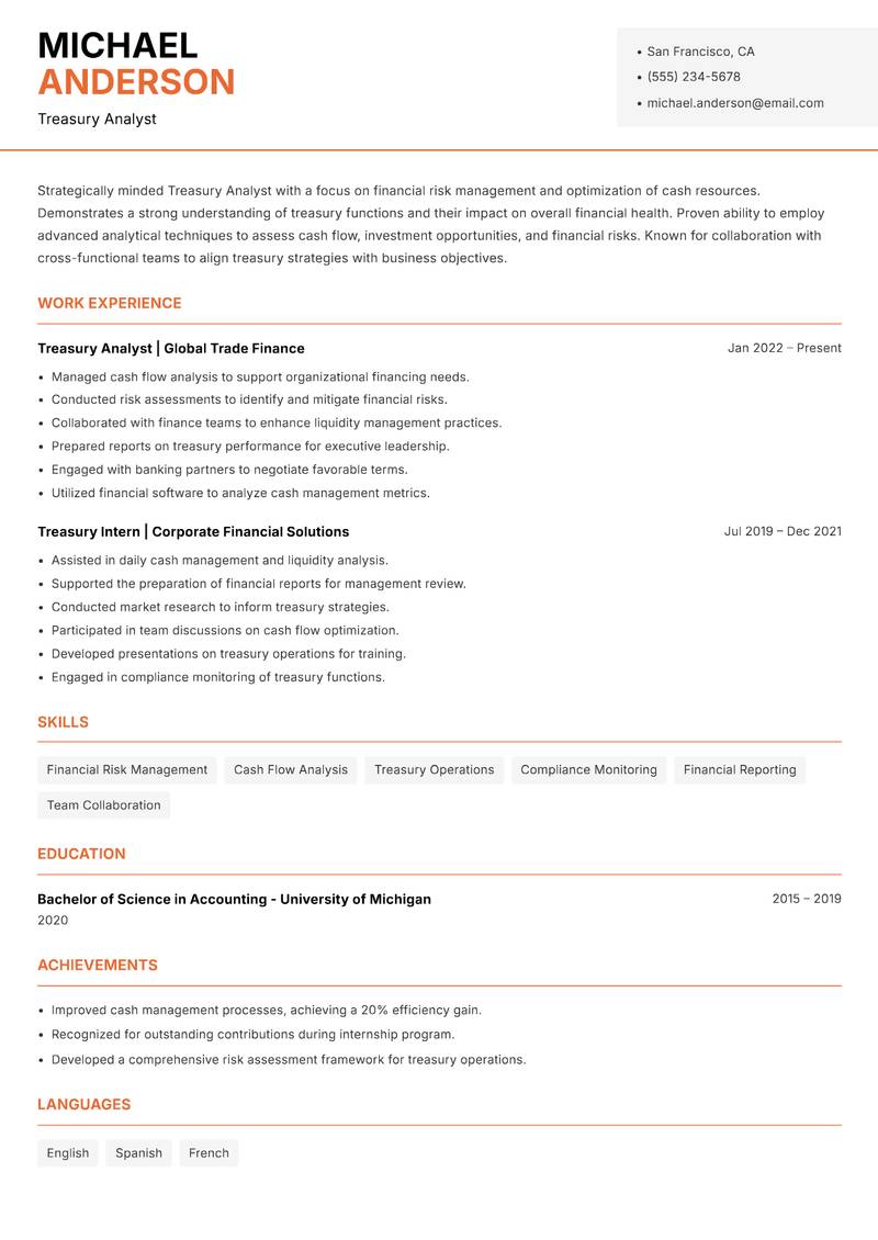 Treasury Analyst resume sample — Treasury Analyst focus