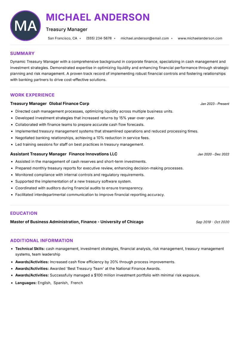 Treasury Manager resume example