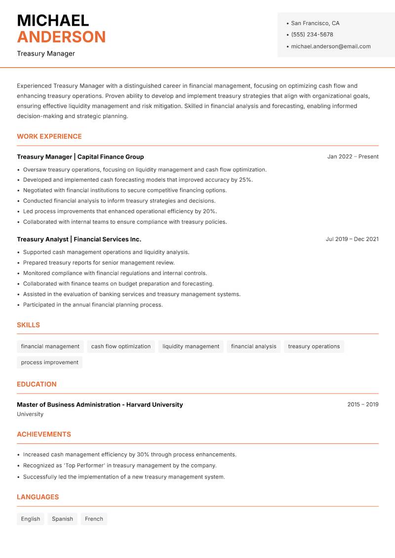 Treasury Manager resume sample — Treasury Manager focus