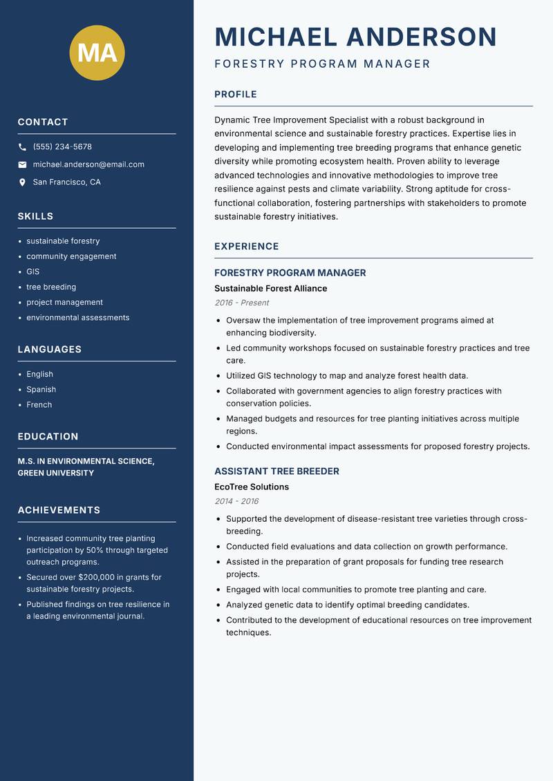 Tree Improvement Specialist resume sample — Forestry Program Manager focus